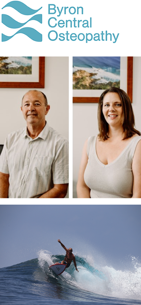 Byron Central Osteopathy logo with portraits of osteopaths below. Male portrait on the left. Female portrait on the right